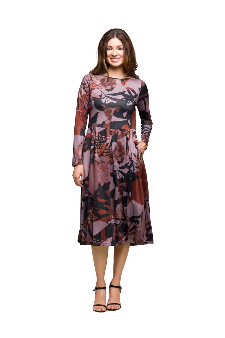 Long Sleeve Midi Dress Floral Print, Main, color, Gray Multi