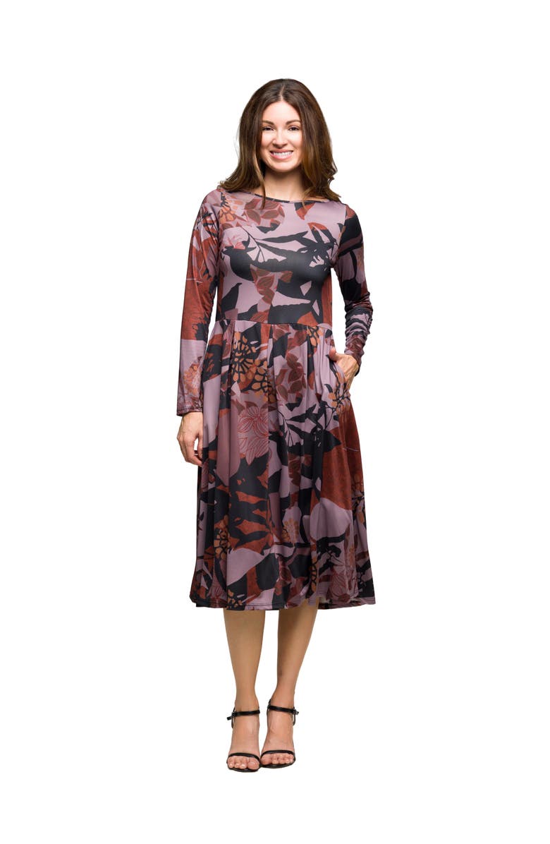 24seven Comfort Apparel Long Sleeve Midi Dress Floral Print, Main, color, Gray Multi