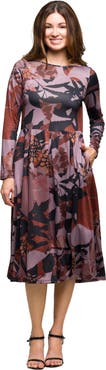 24seven Comfort Apparel Long Sleeve Midi Dress Floral Print