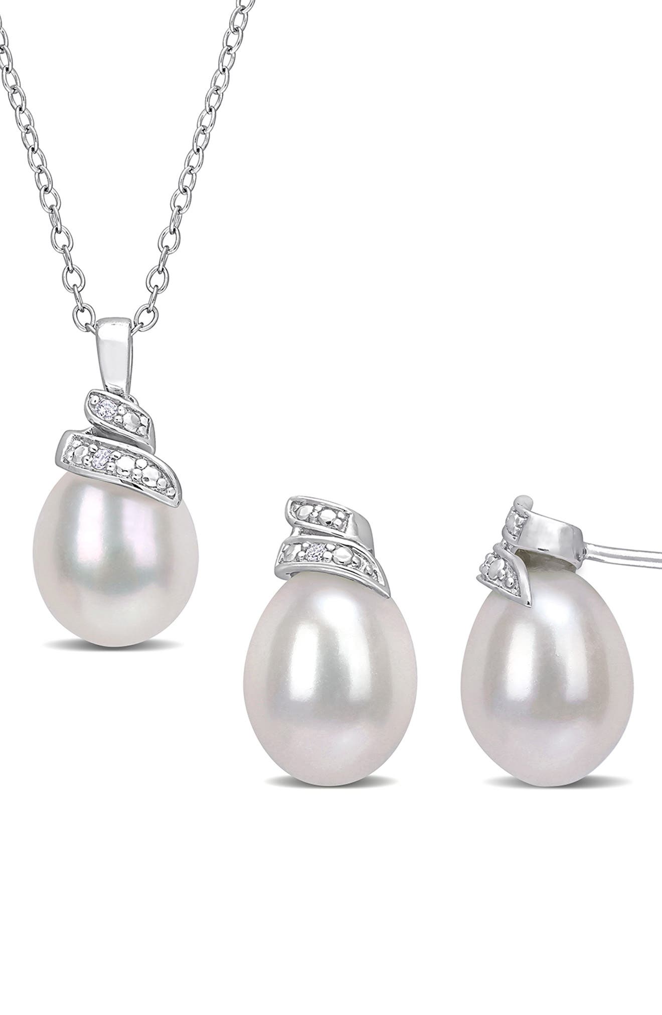 DELMAR Sterling Silver 6.5–7mm Cultured Freshwater Pearl Diamond Necklace & Earrings Set - 0.04 ctw.
