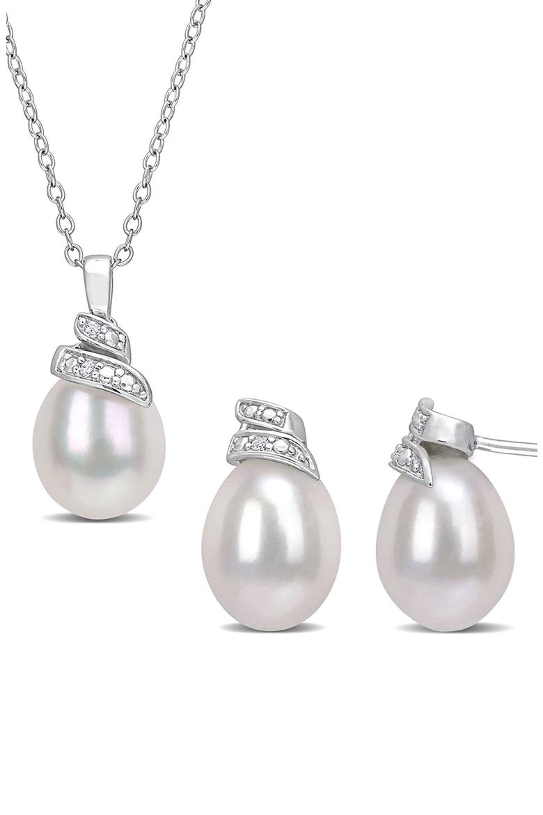 Sterling Silver 6.5–7mm Cultured Freshwater Pearl Diamond Necklace & Earrings Set - 0.04 ctw., Main, color, WHITE