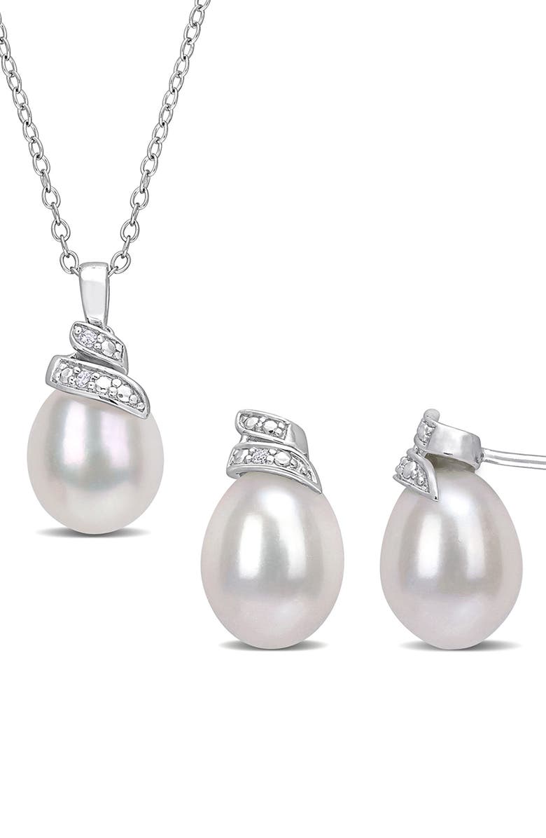 DELMAR Sterling Silver 6.5–7mm Cultured Freshwater Pearl Diamond Necklace & Earrings Set - 0.04 ctw., Main, color, White