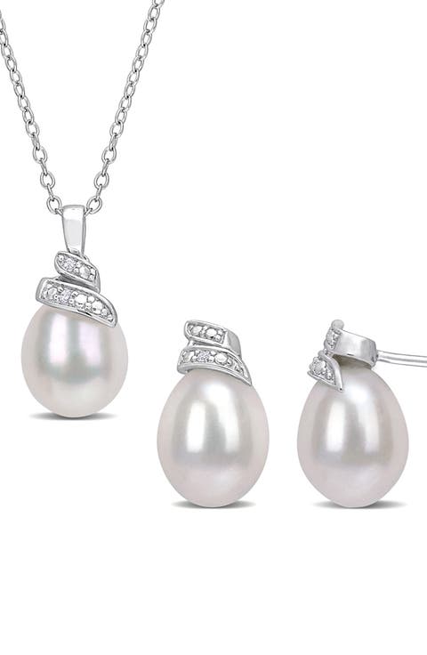 Sterling Silver 6.5–7mm Cultured Freshwater Pearl Diamond Necklace & Earrings Set - 0.04 ctw.