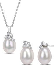 DELMAR Sterling Silver 6.5–7mm Cultured Freshwater Pearl Diamond Necklace & Earrings Set - 0.04 ctw.