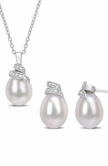 DELMAR Sterling Silver 6.5–7mm Cultured Freshwater Pearl Diamond Necklace & Earrings Set - 0.04 ctw.