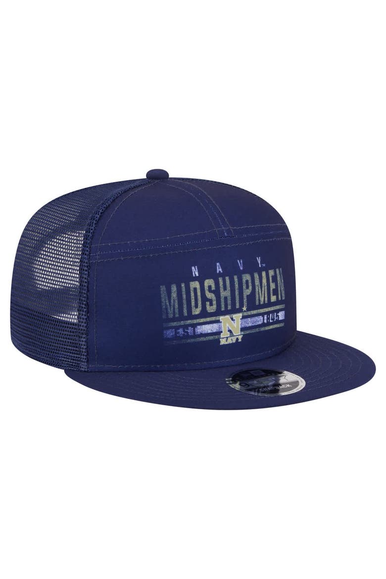 Men's New Era Navy Navy Midshipmen Split Panel 9FIFTY Snapback Trucker Hat, Alternate, color, Navy