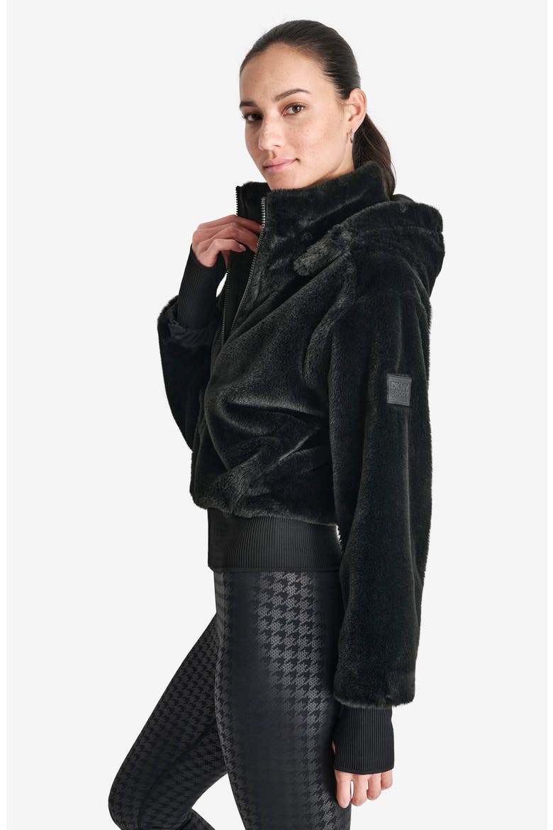 Faux Fur Zip Jacket with Removable Hood, Alternate, color, BLACK