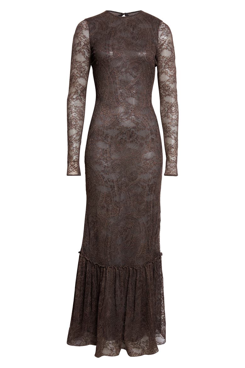 Long Sleeve Lace Jersey Maxi Dress, Alternate, color, BROWN
