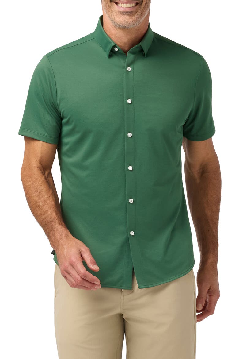 Halyard Trim Fit Solid Short Sleeve Performance Button-Up Shirt, Main, color, PINE