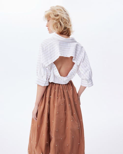 Theo The Label Women's Echo Back Button Dolman Shirt - White / Sand In White/sand