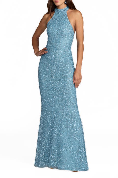 Halter Neck Open Back Beaded Column Gown