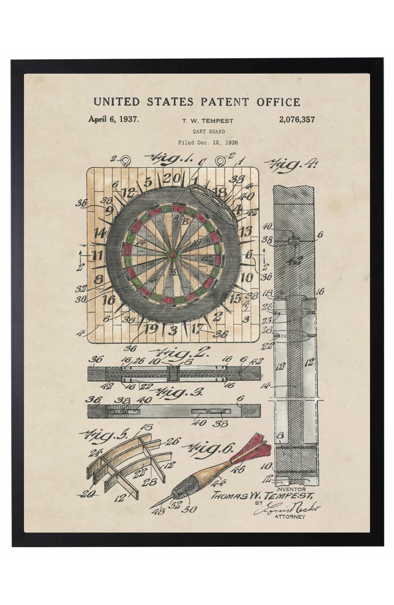 Antique Curiosities Dart Board Patent in Black Frame, Main, color, NO COLOR
