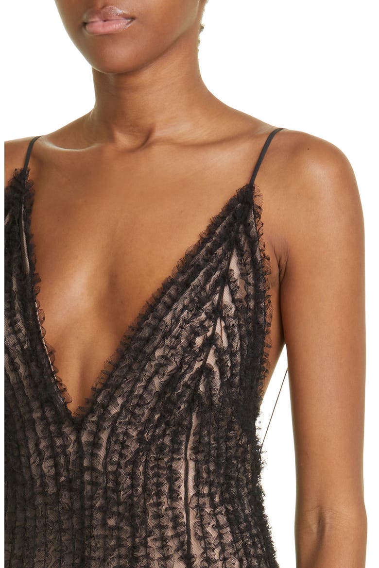 Embroidered Ruffle Plunge Neck Gown, Alternate, color, BLACK