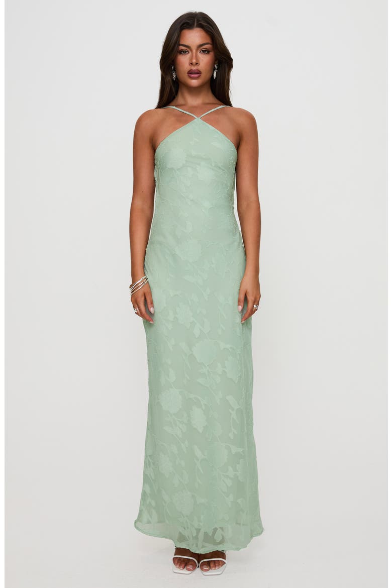 Zoelle Floral Jacquard Strappy Back Gown, Alternate, color, SAGE