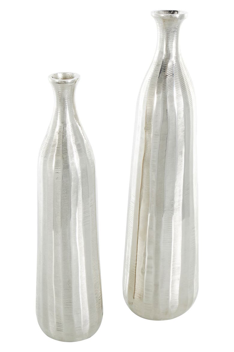 Set of 2 Tall Metal Vases, Main, color, SILVER