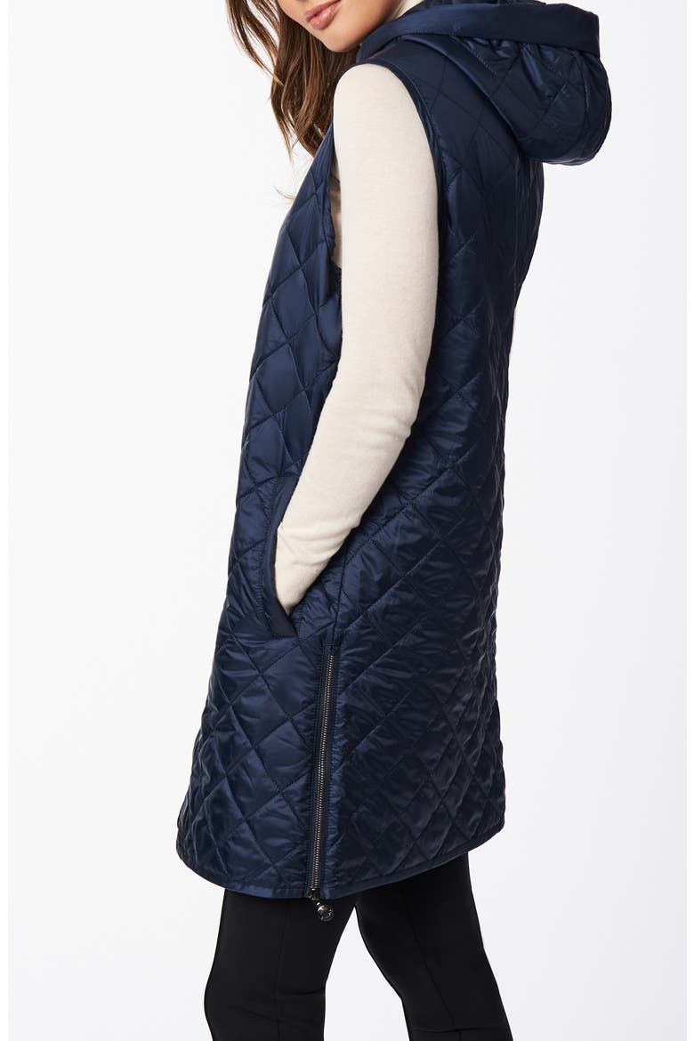Recycled Polyester Quilted Long Vest with Hood, Alternate, color, NAVY