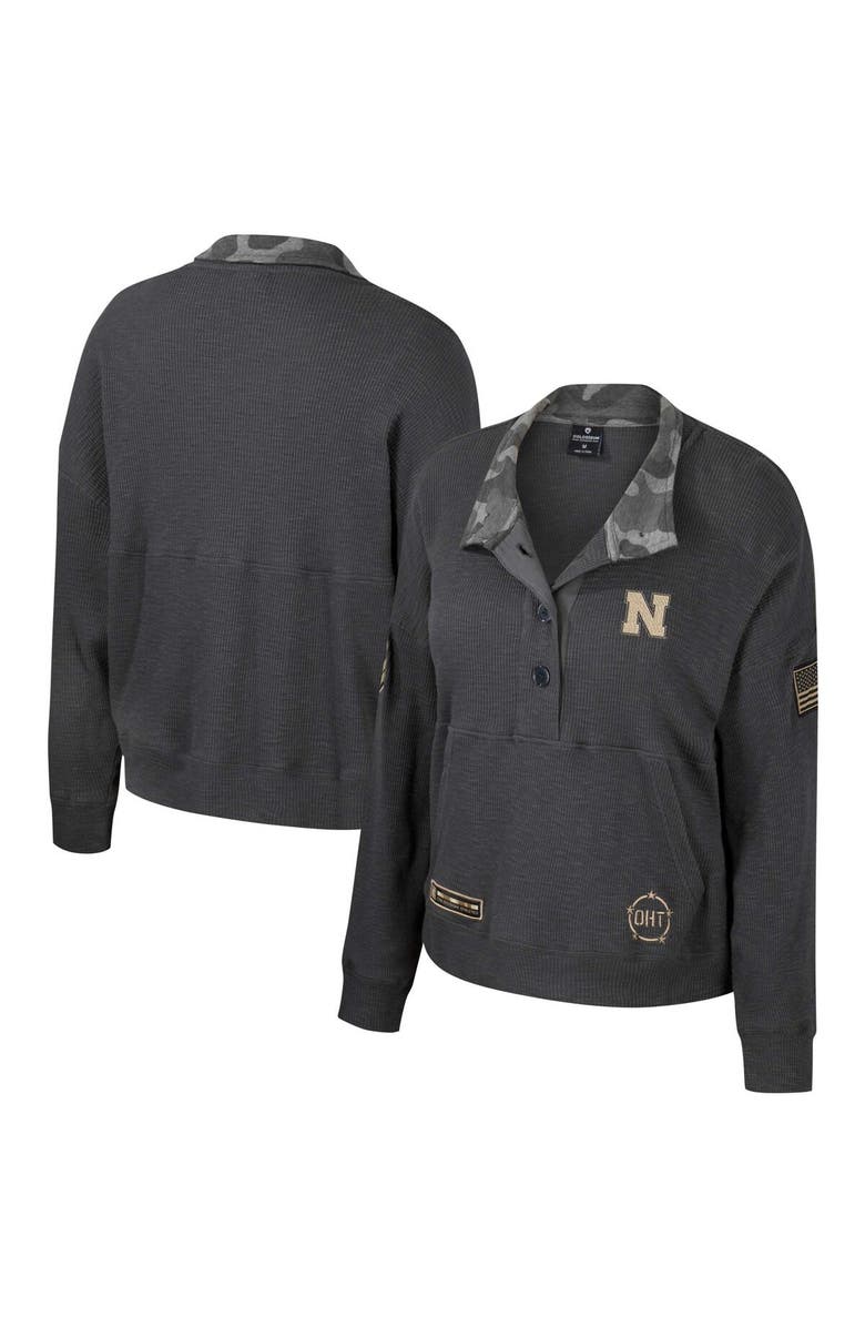 COLOSSEUM Women's Colosseum  Heather Charcoal Nebraska Huskers OHT Military Appreciation Payback Henley Thermal Sweatshirt, Main, color, Heather Charcoal