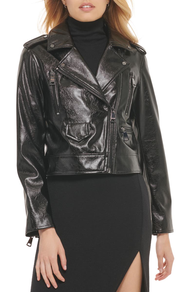 DKNY Crinkle Crop Faux Leather Biker Jacket, Main, color,