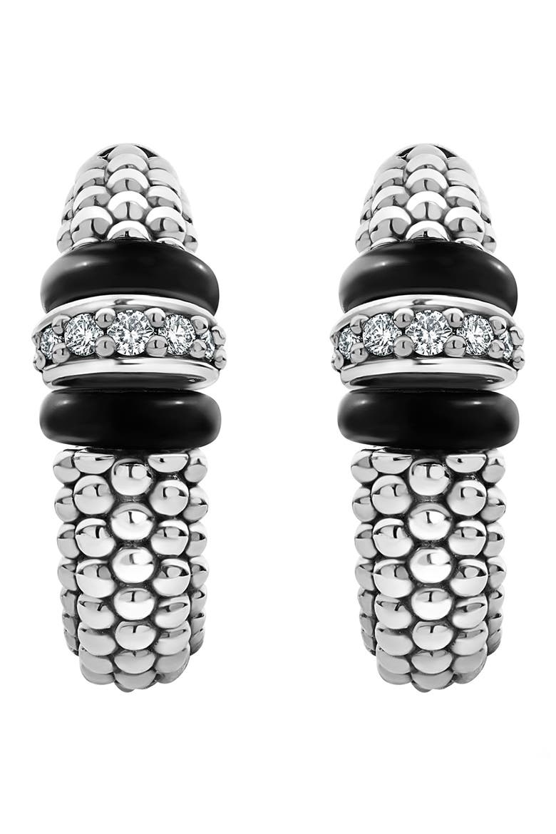 Black Caviar Diamond Hoop Earrings, Main, color, BLACK