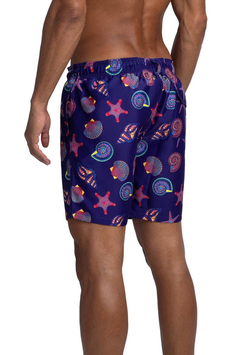 Seashell Print Swim Trunks, Alternate, color, NIGHT BLUE