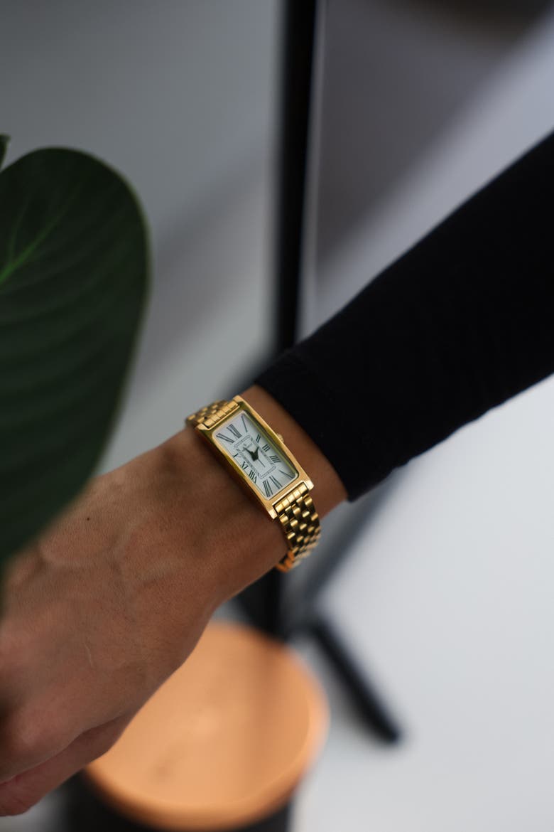 14K Gold-Plated Rectangular Stainless Steel Bracelet Watch- 35x18MM, Alternate, color, Gold