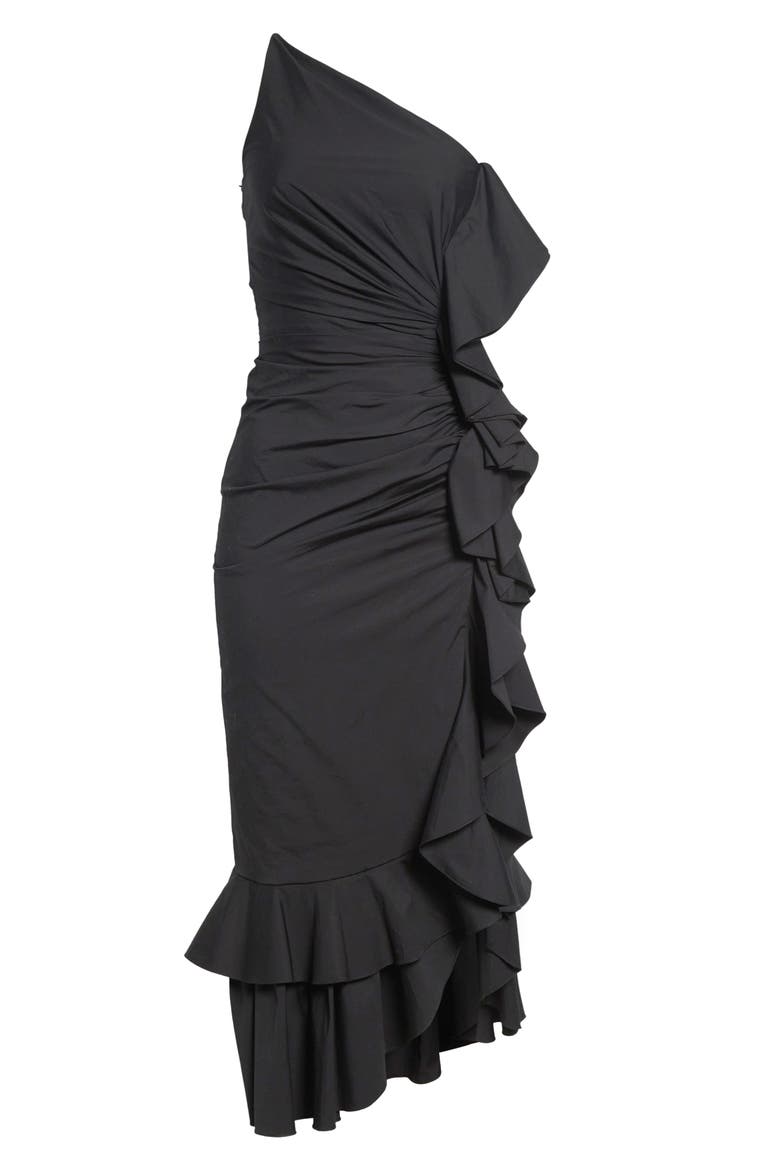 Ruffled Asymmetric Ruched One-Shoulder Midi Dress, Alternate, color, BLACK
