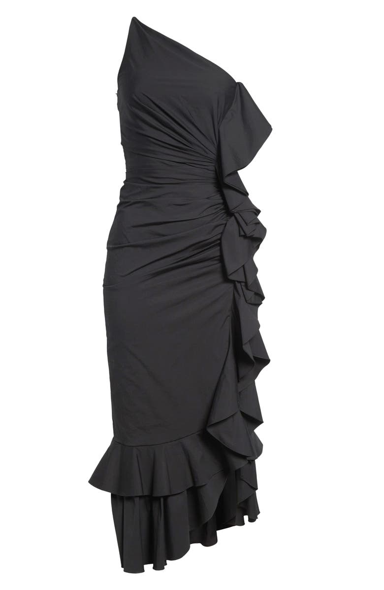 Carolina Herrera Ruffled Asymmetric Ruched One-Shoulder Midi Dress, Alternate, color, Black