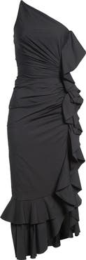 Carolina Herrera Ruffled Asymmetric Ruched One-Shoulder Midi Dress