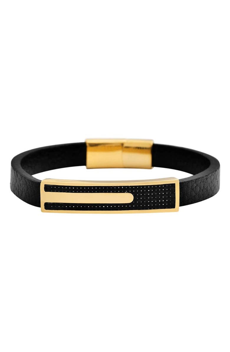 GEOFFREY BEENE Men's Carbon Fiber & Stainless Steel Bar Leather Bracelet, Main, color, Gold