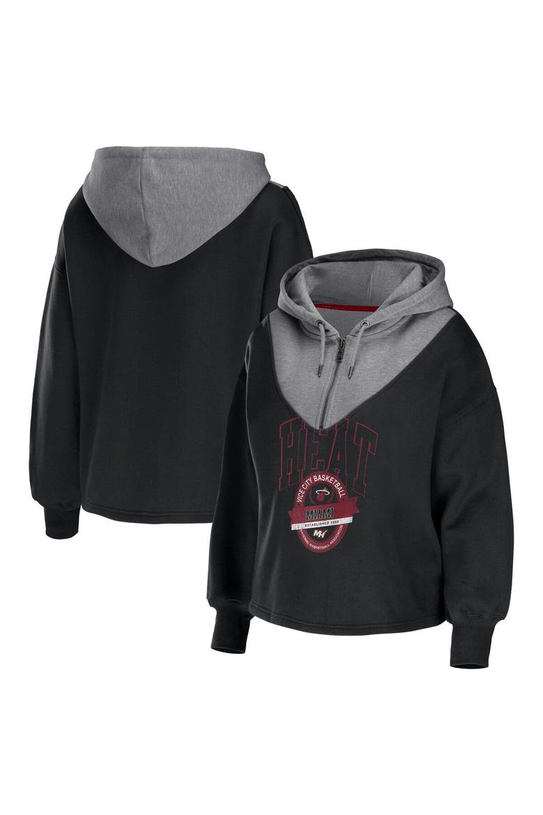 Women's WEAR by Erin Andrews Black Miami Heat Pieced Quarter-Zip Hoodie Jacket, Main, color, Black