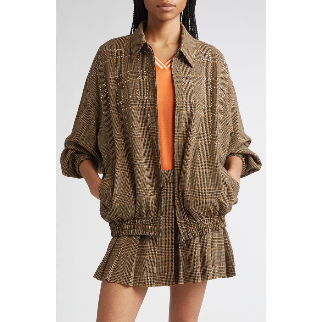 Golden Goose Journey Glen Plaid Crystal Embellished Wool Bomber In Brown