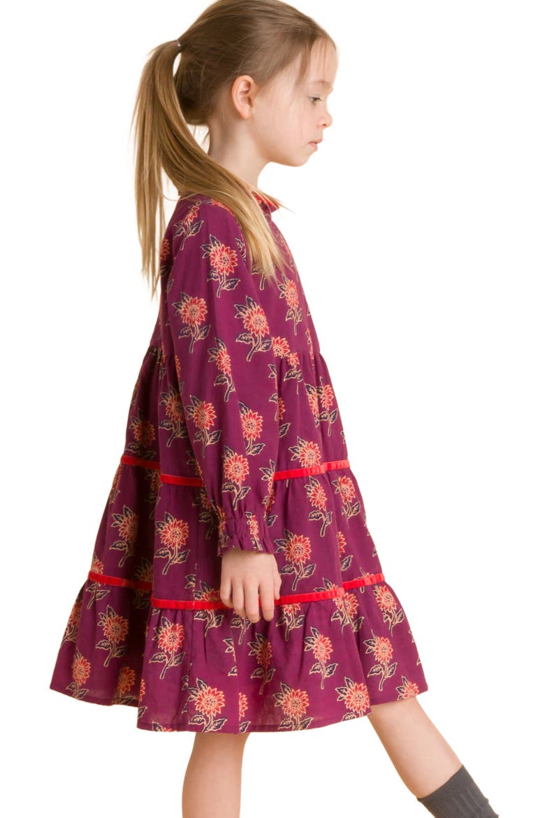 Girls' Long Sleeves Tiered Skirt Dress with Velvet Trim, Alternate, color, Purple and Red