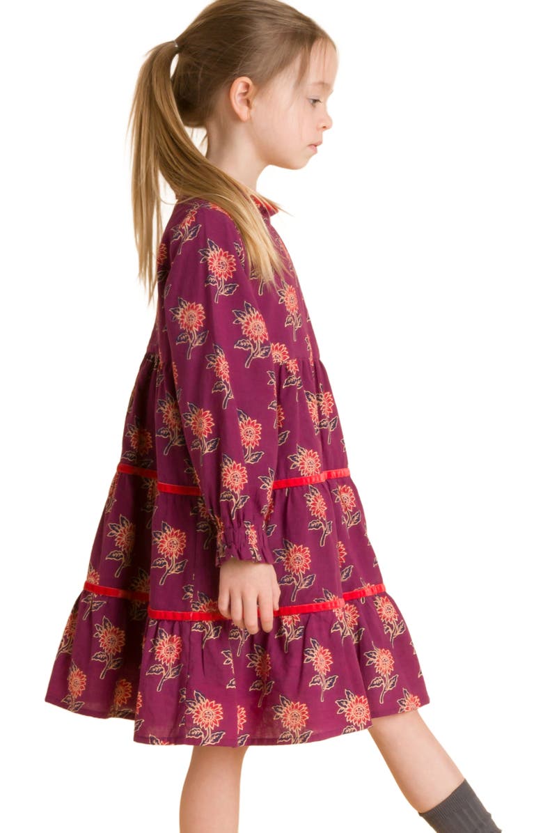 Beet World Girls' Long Sleeves Tiered Skirt Dress with Velvet Trim, Alternate, color, Purple And Red