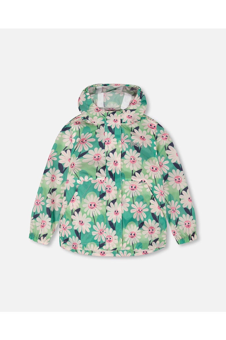 Packable Smiling Flower Windbreaker in Polyester, Main, color, Green Smiling Flower Print