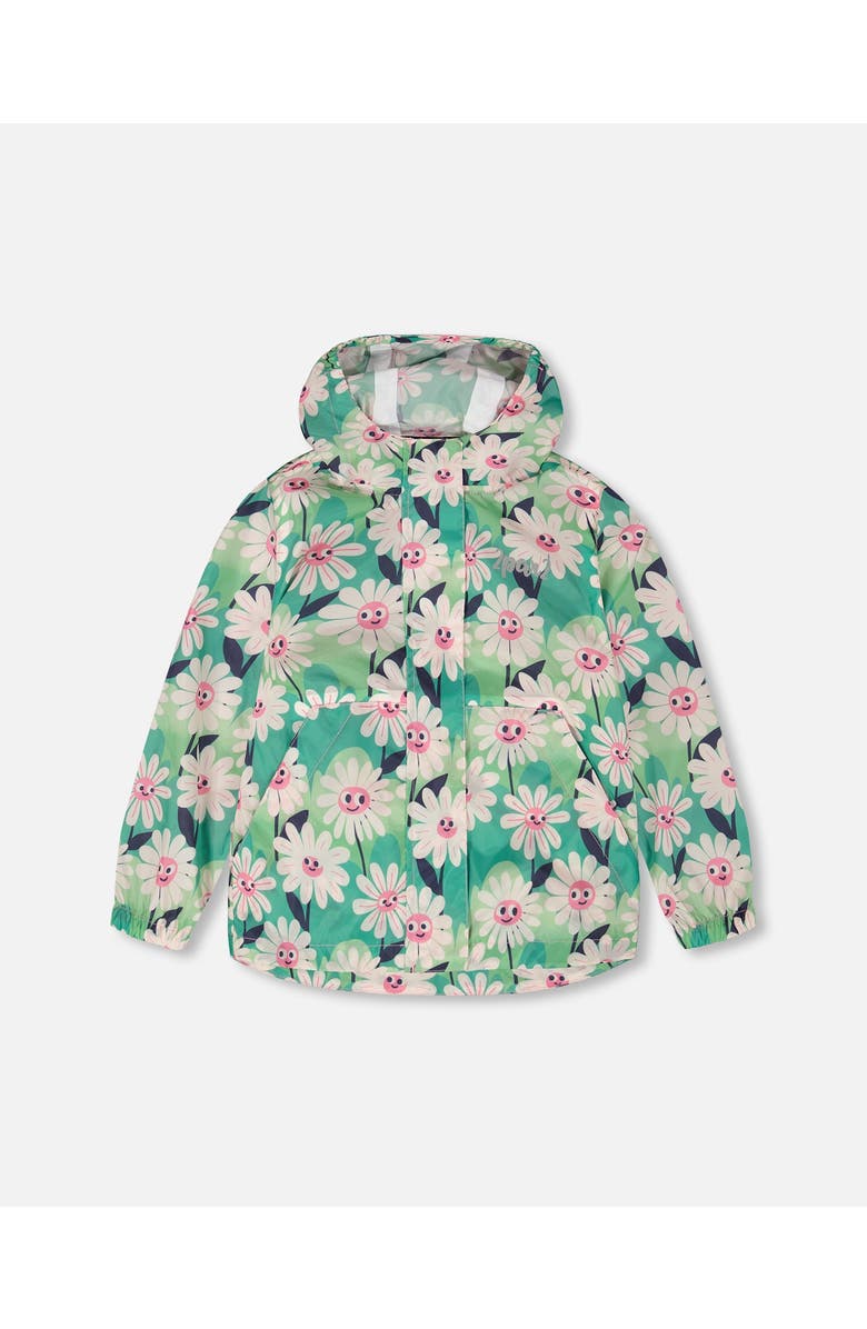 Deux par Deux Packable Smiling Flower Windbreaker in Polyester, Main, color, Green Smiling Flower Print