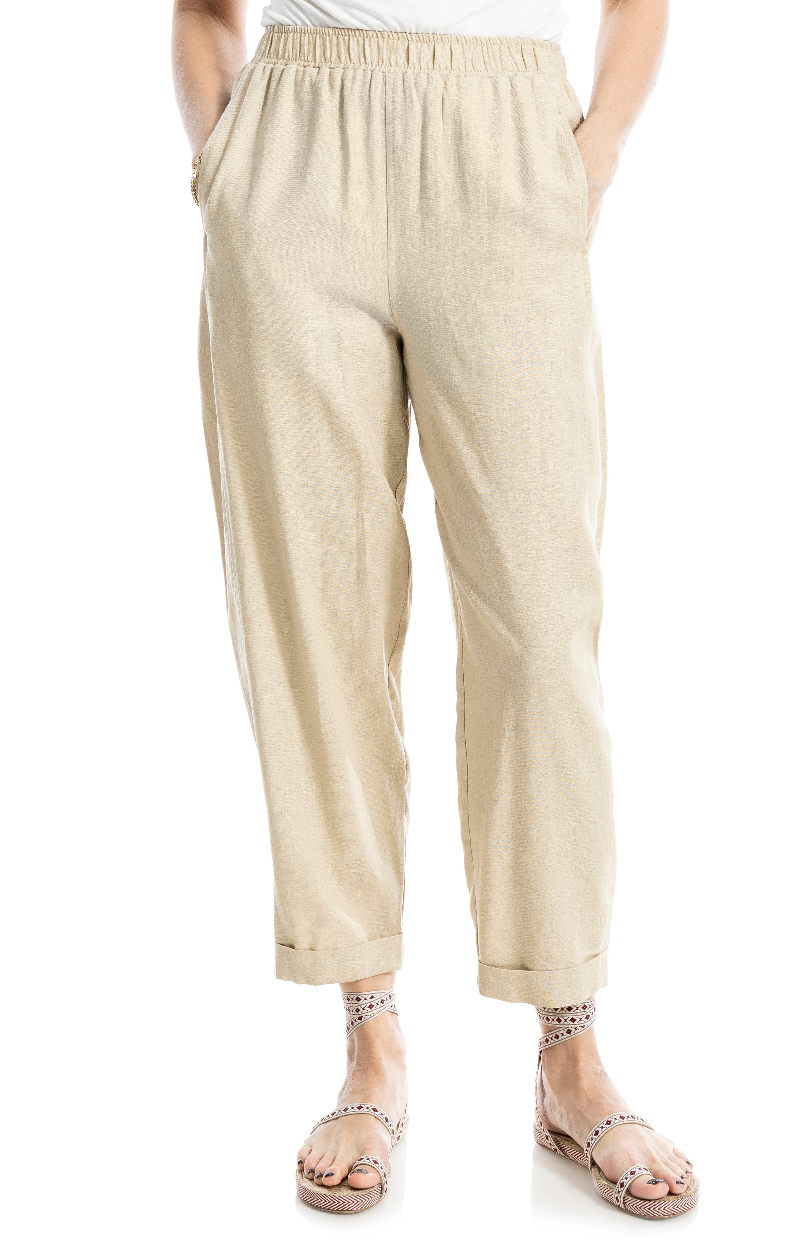 MAX STUDIO Cuffed Crop Linen Blend Barrel Leg Pants