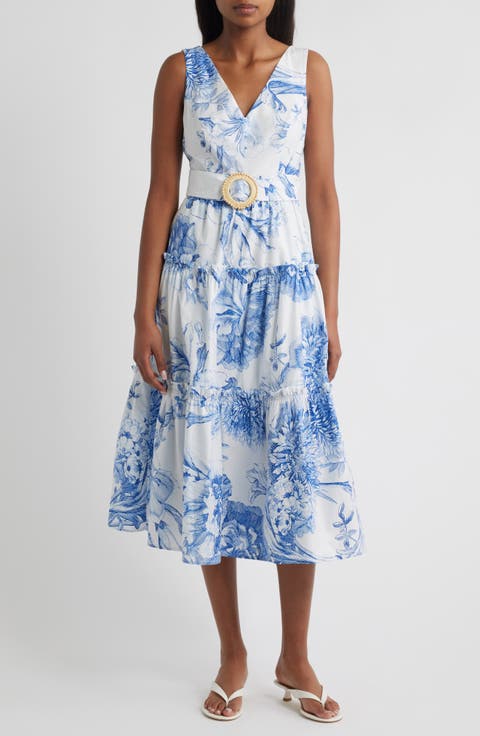 Floral Print Belted Tiered Cotton Maxi Dress