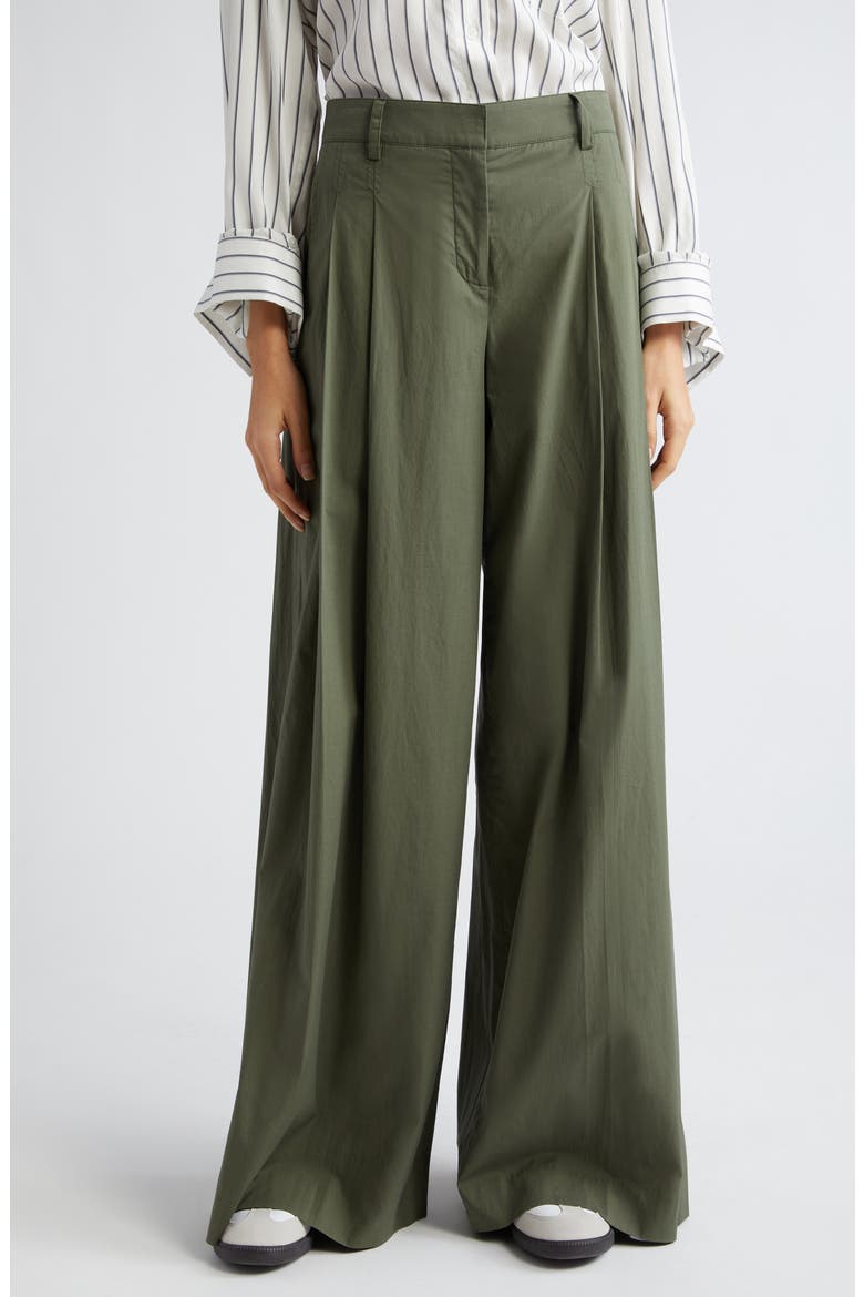 Didi Pleated Stretch Cotton Poplin Wide Leg Pants, Main, color, OLIVE NIGHT
