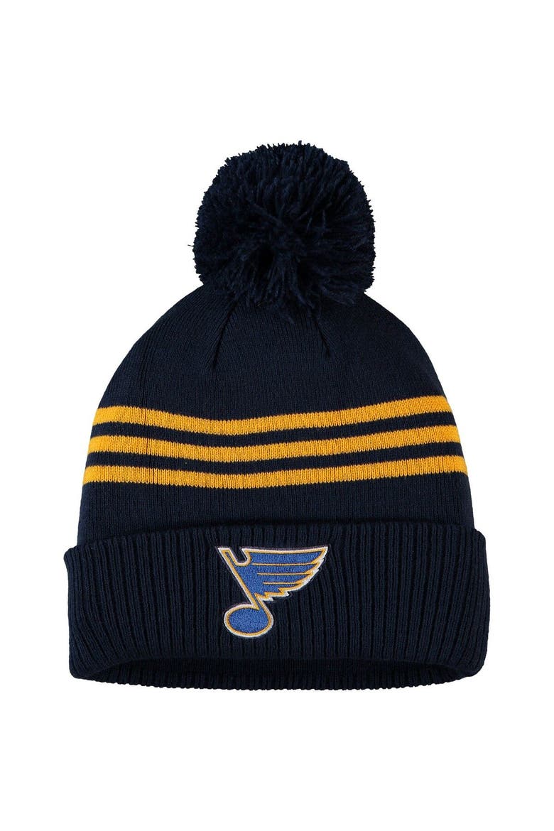 Men's adidas Navy St. Louis Blues Locker Room Three Stripe Cuffed Knit Hat with Pom, Main, color, Navy