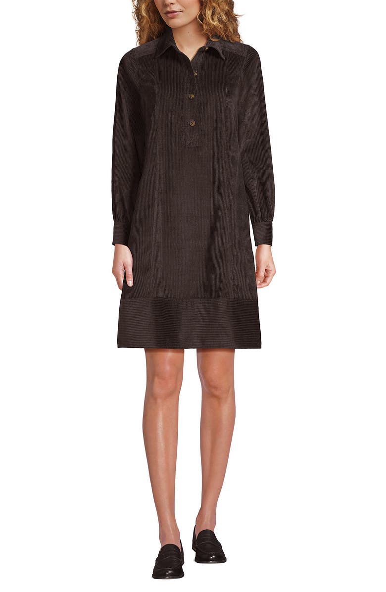 Lands' End Wide Wale Cord Popover Long Sleeve Shirt Dress, Main, color, Rich Coffee