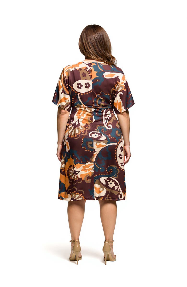 24seven Comfort Apparel Short Sleeve Knot Front Midi Dress in Multi Paisley Print, Alternate, color, Brown Multi