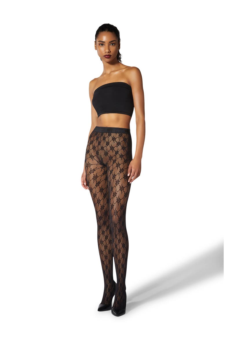 Rose Floral Fishnet Tights, Alternate, color, BLACK