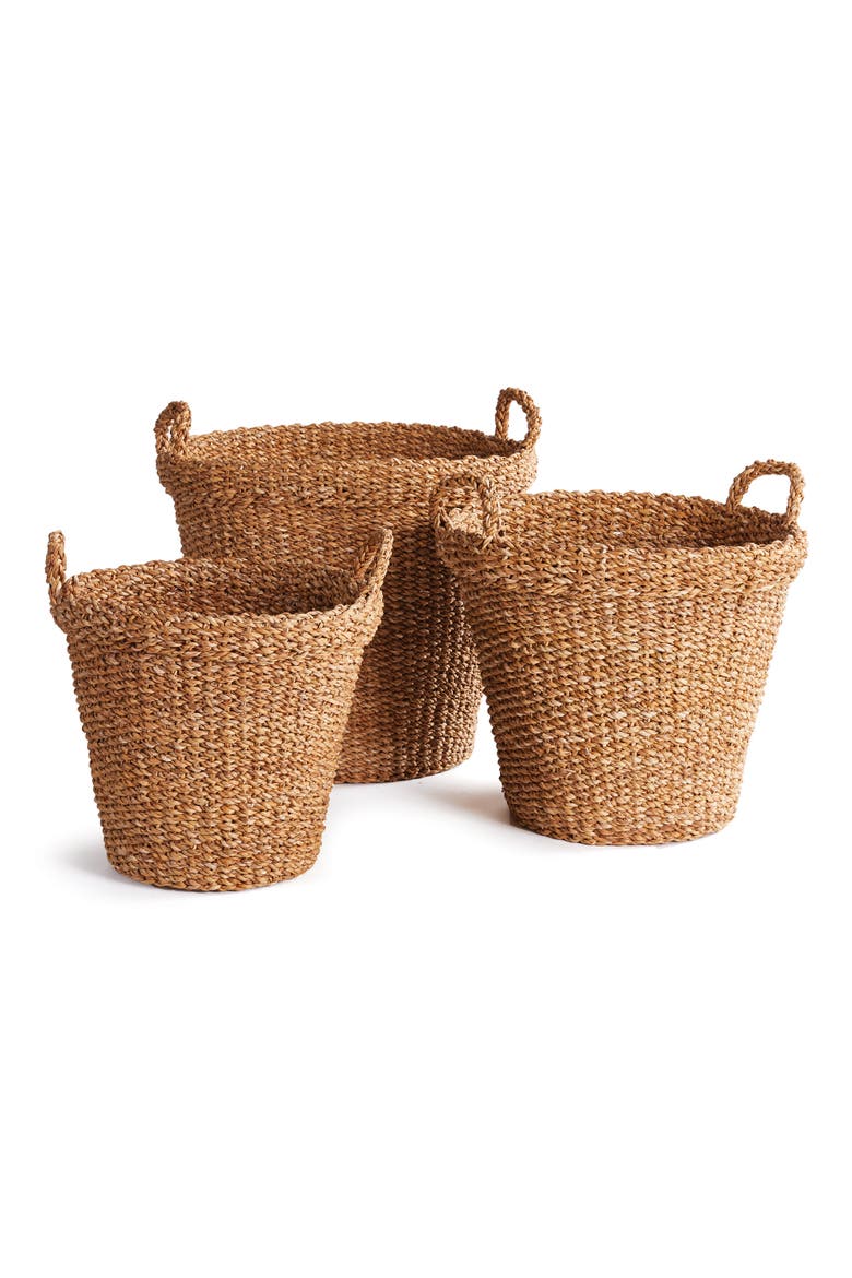Seagrass Tapered Baskets With Handles And Cuffs Set of 3, Main, color, Beige