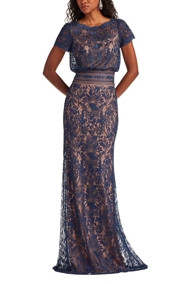 Tadashi Shoji Lace Blouson Bodice Gown, Alternate, color, Navy/ Nude