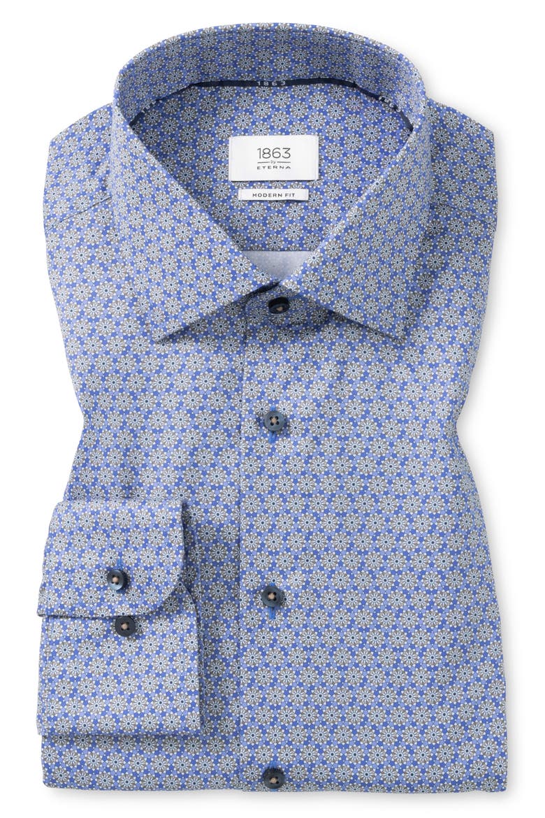 Modern Fit Floral Medallion Non-Iron Cotton Twill Dress Shirt, Main, color, NAVY