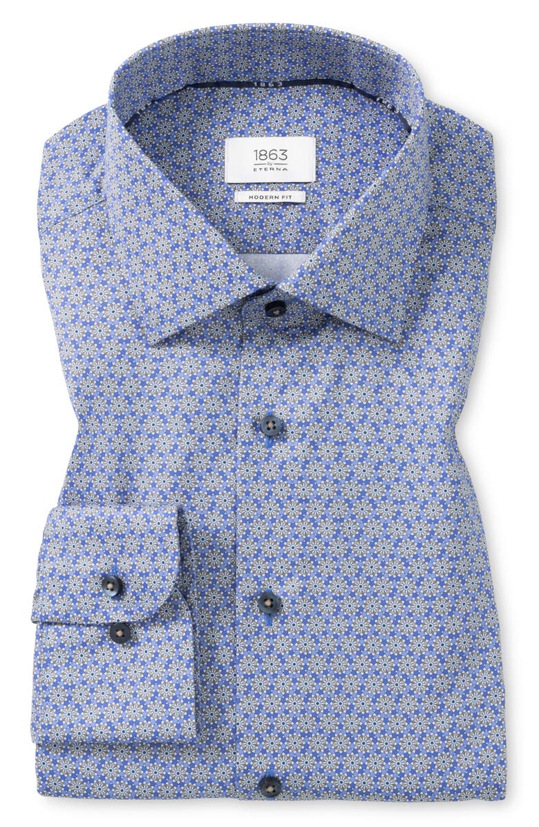 1863 by Eterna Modern Fit Floral Medallion Non-Iron Cotton Twill Dress Shirt, Main, color, Navy