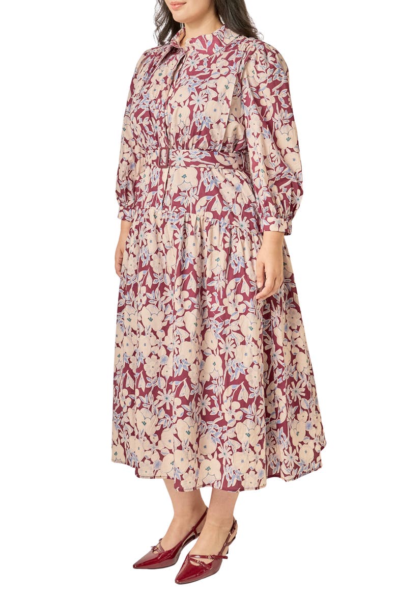 Floral Cotton Midi Shirtdress, Alternate, color, BURGUNDY/ BLUE