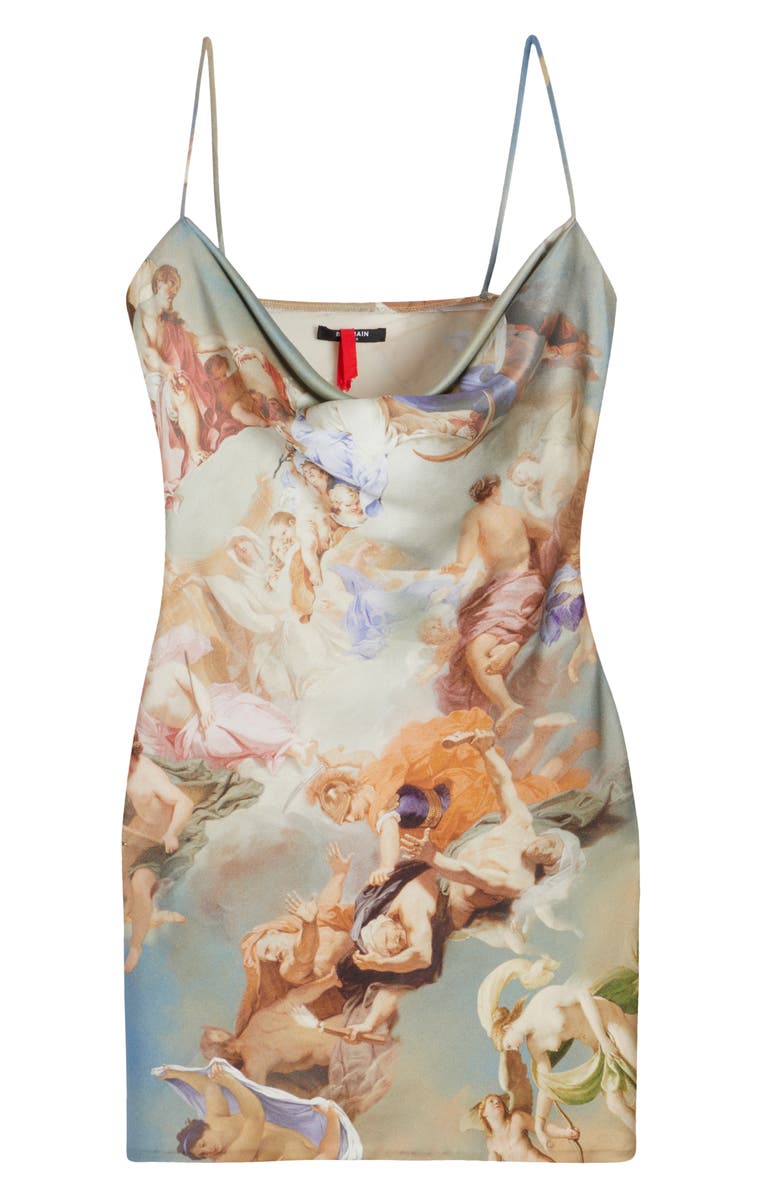 Balmain Renaissance Print Satin Mini Slipdress, Alternate, color, 