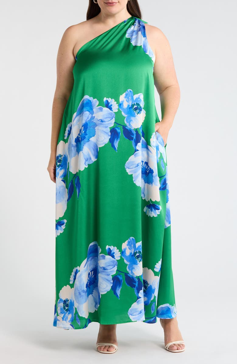 SUGARLIPS Glena Floral One Shoulder Maxi Dress, Main, color, Green-Blues