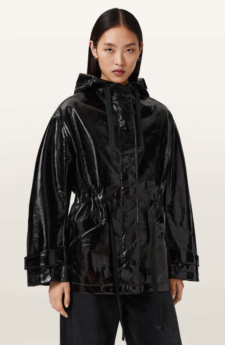 AllSaints Kelsie Shine Hooded Faux Leather Jacket, Alternate, color, Black